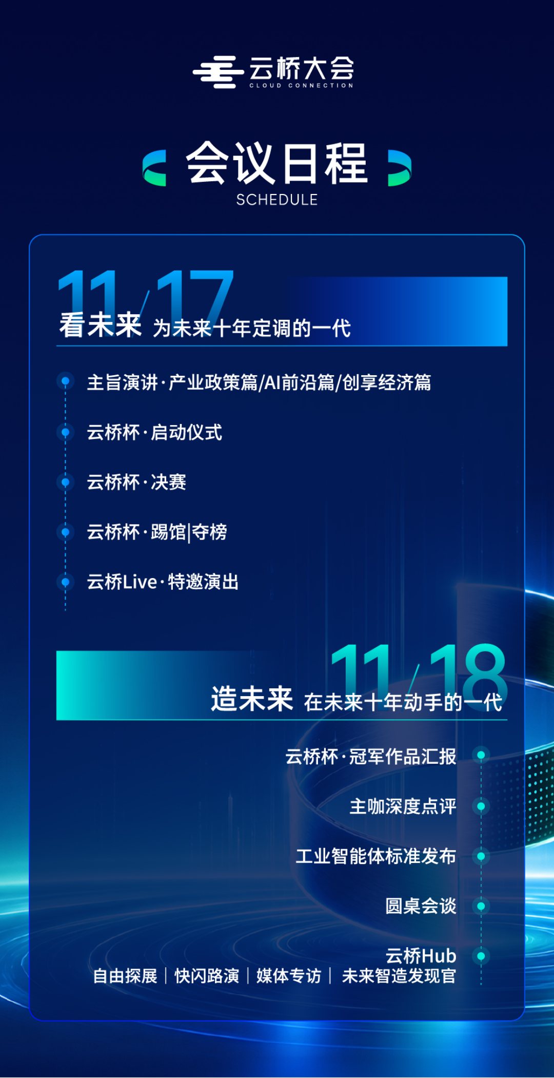 第二届云桥大会活动微站会议日程栏目：11 月 17 日与 18 日两天议程按时段排列