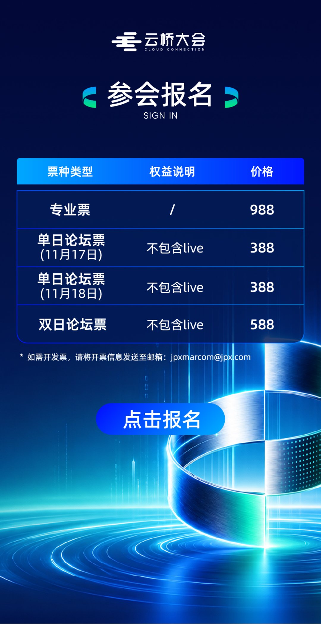 第二届云桥大会活动微站参会报名栏目：专业票、单日论坛票、双日论坛票价格表与点击报名入口
