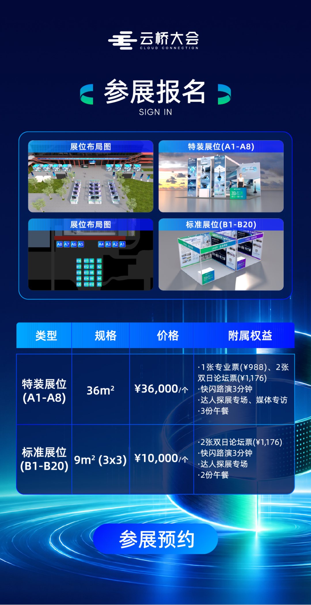 第二届云桥大会活动微站参展报名栏目：展位布局图、特装与标准展位规格价格及附属权益