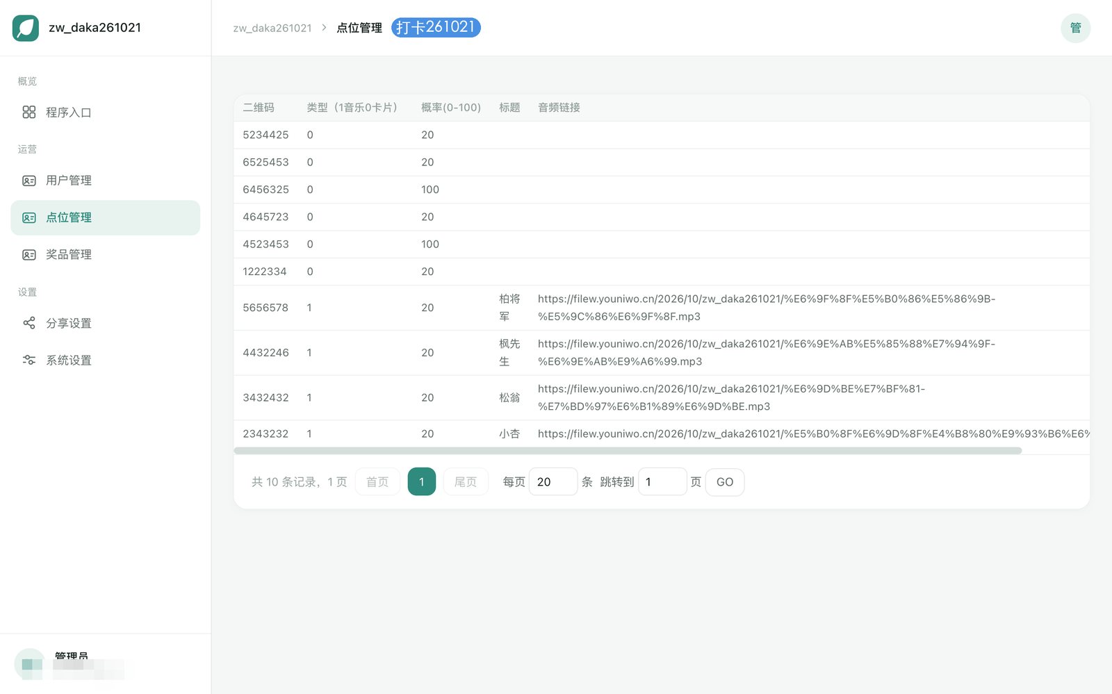 【天平山集卡抽奖】【扫码打卡系统】管理后台点位管理：打卡点位与卡片投放配置
